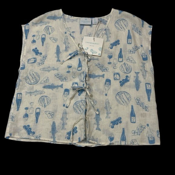 Cynthia Rowley Tops - Cynthia Rowley Top White Linen Blue Italian Wine Print L Euro Summer Vacation